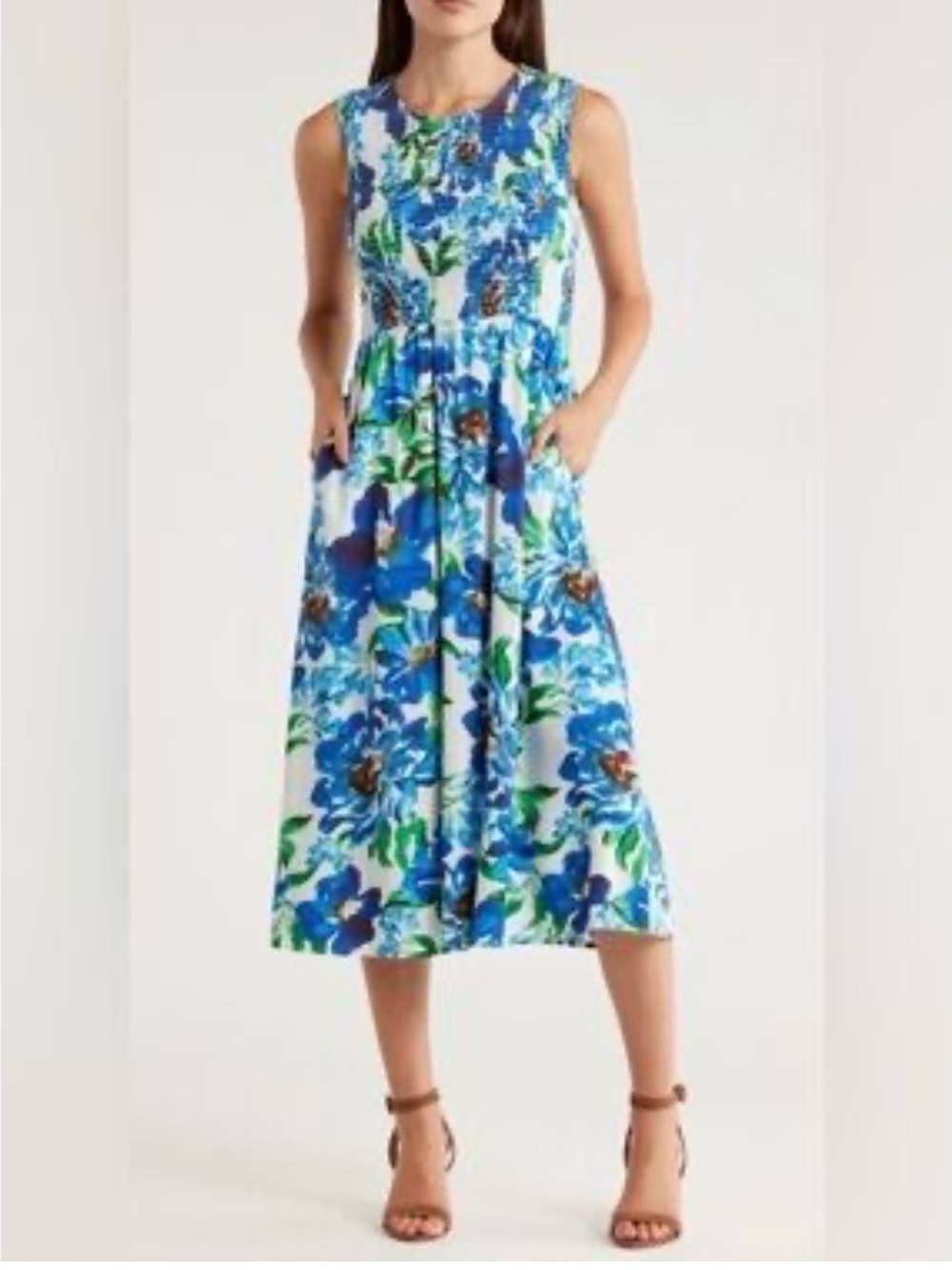 Blue Floral Sleeveless Midi Dress